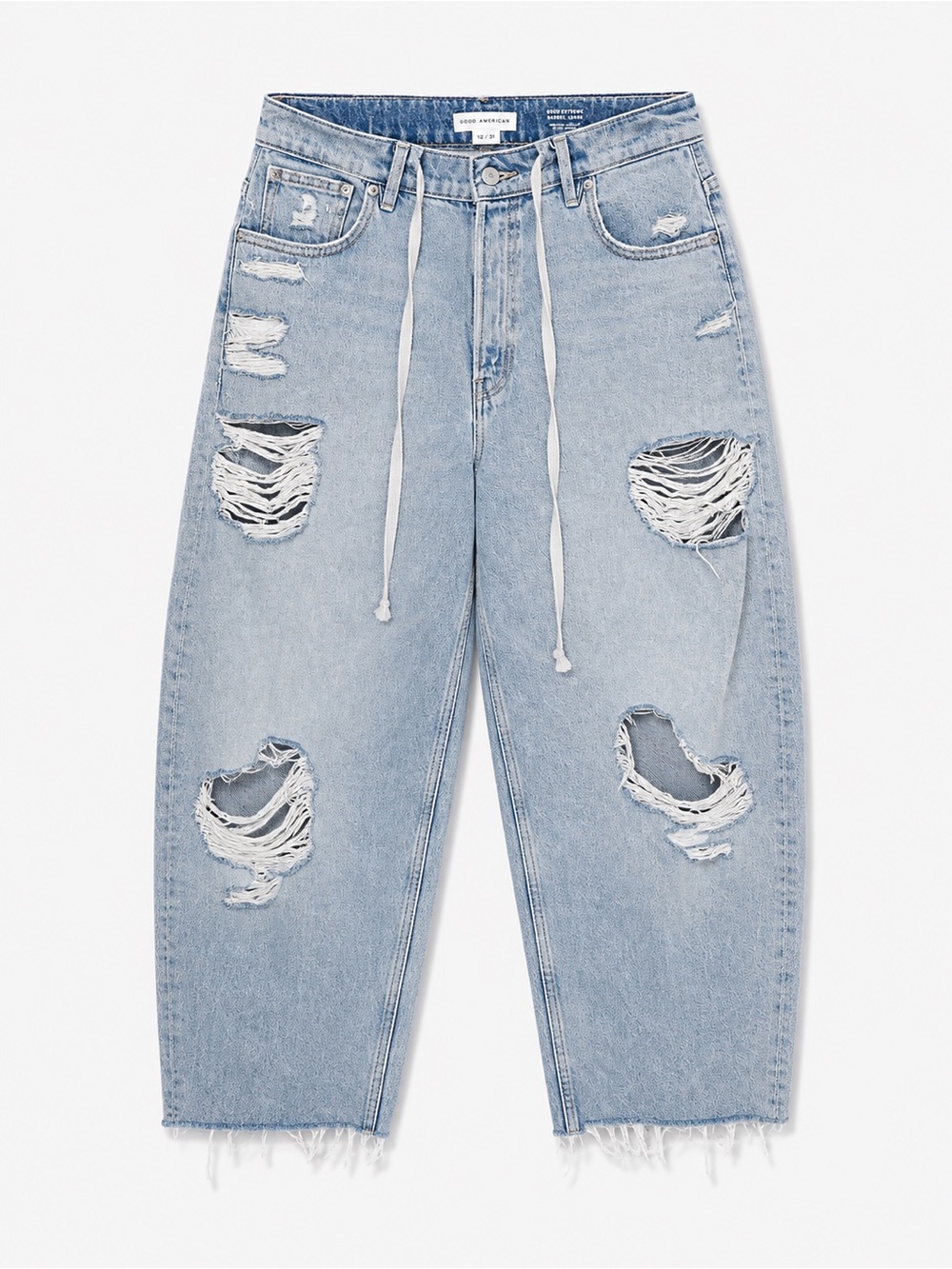 Good American Good Extreme Barrel Jeans Size 12/31 Distressed Light Wash High Ri
